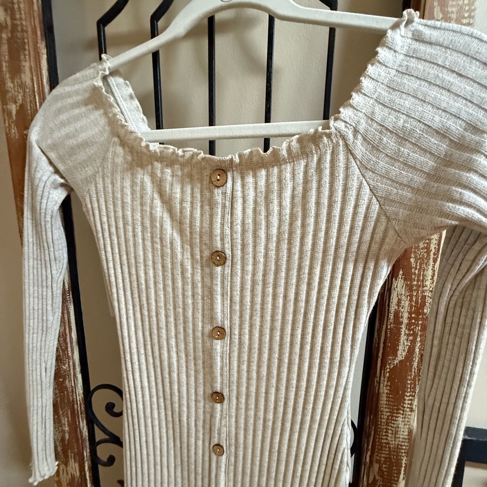 Chic Cream Ribbed Button-Down Dress - Picture 2 of 6